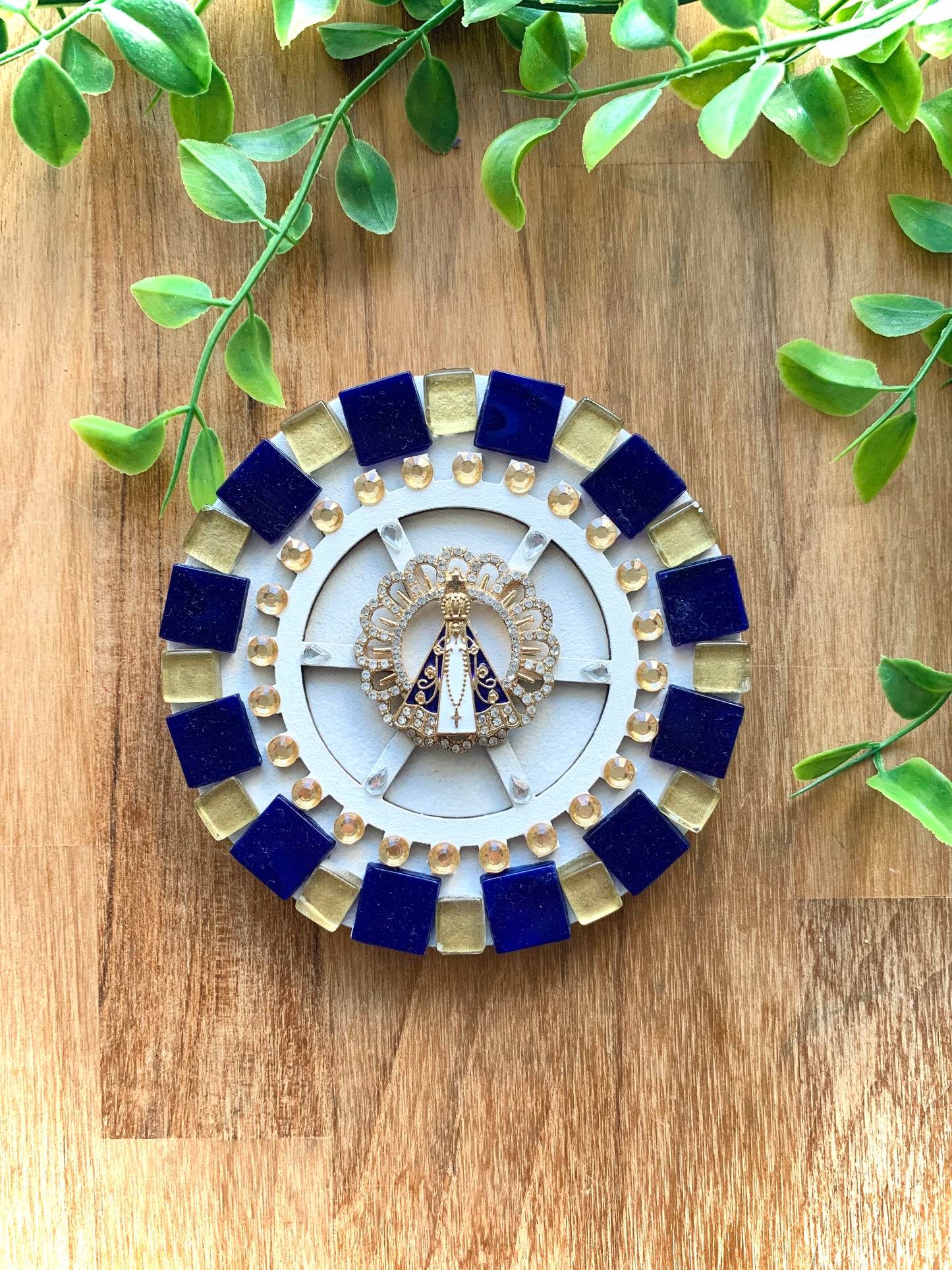 Mandala Nossa Senhora Aparecida 11cm azul e dourada