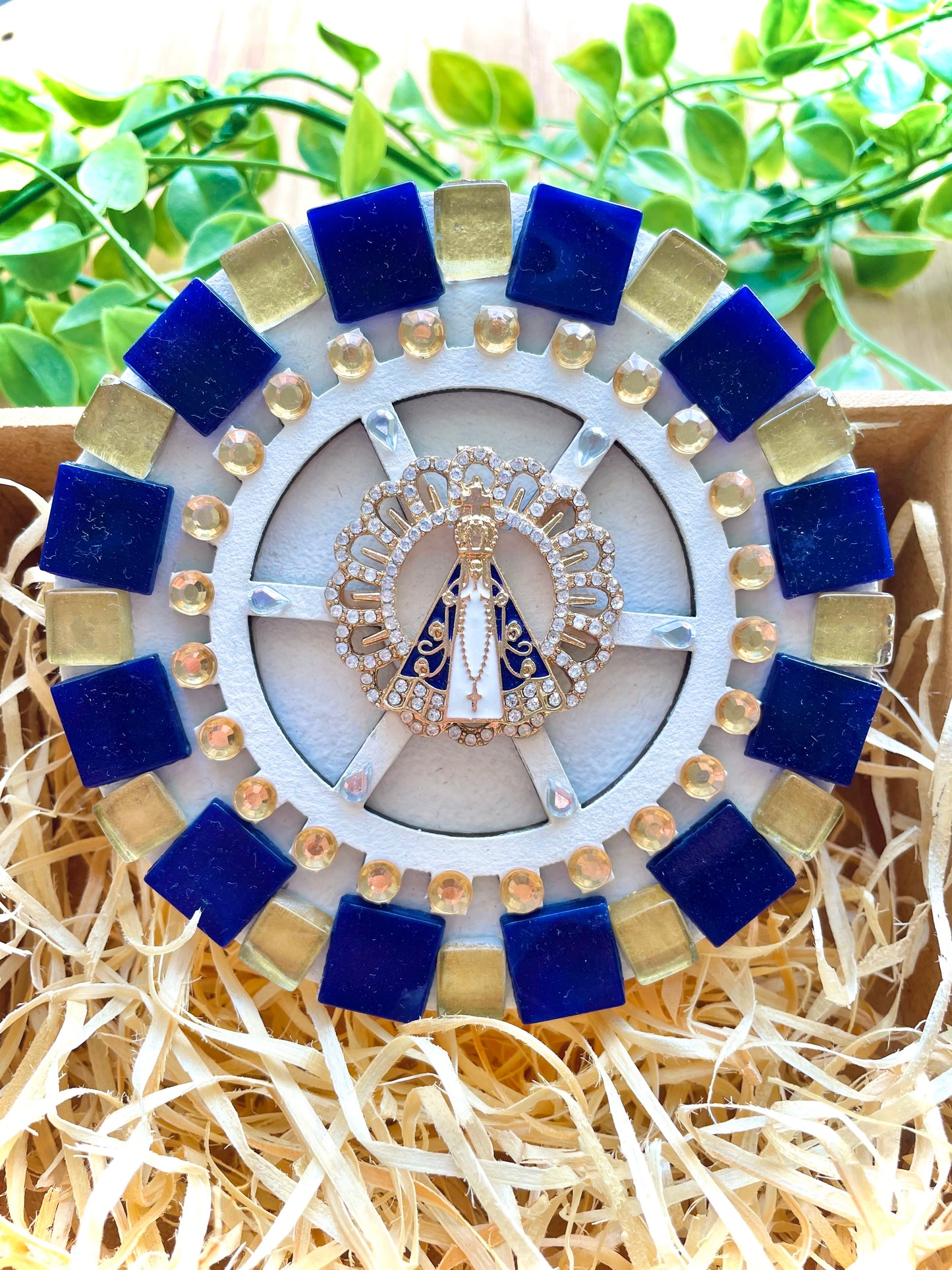 Mandala Nossa Senhora Aparecida 11cm azul e dourada