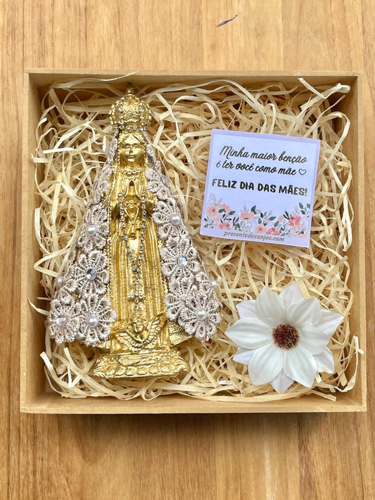 Nossa Senhora Aparecida dourada 15cm + caixa mdf com TAG Dia das Mães